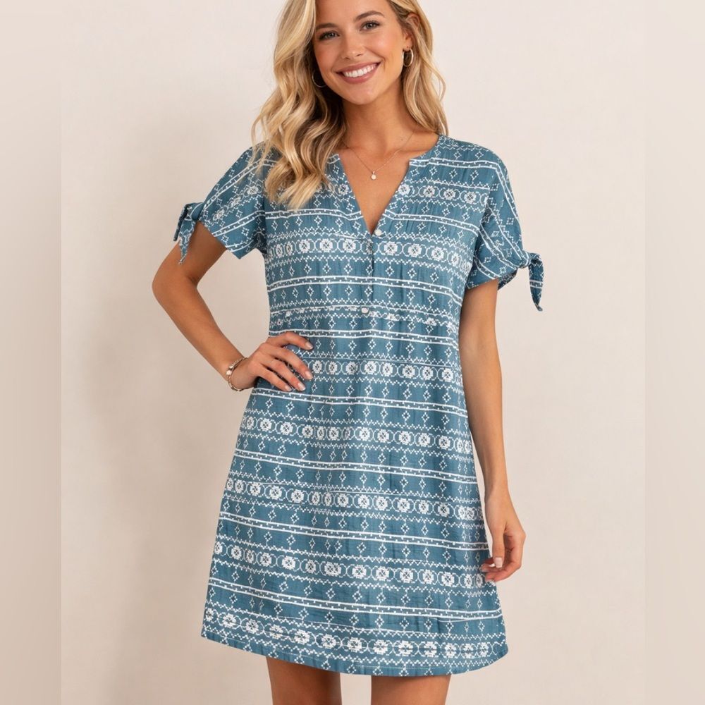 Madewell Blue White Embroidered Shift Coastal Festival Boho Travel Dress Sz S